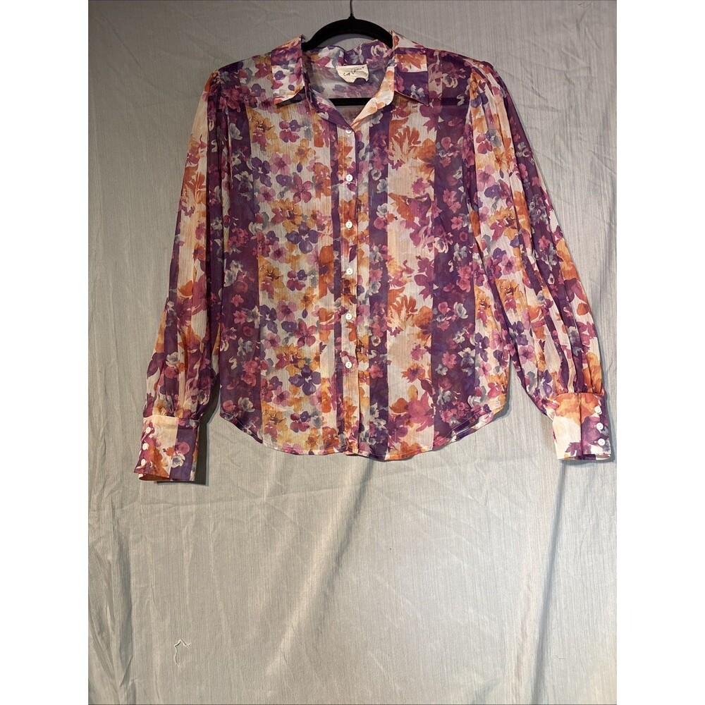 Easy Clothes Sz S Floral Button Down Blouse Purple Orange Sheer Balloon Sleeve